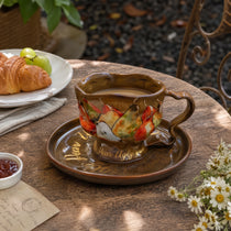 Handcrafted Wild Pear Ceramic Cup & Saucer Set with Twig Handle | 8oz
