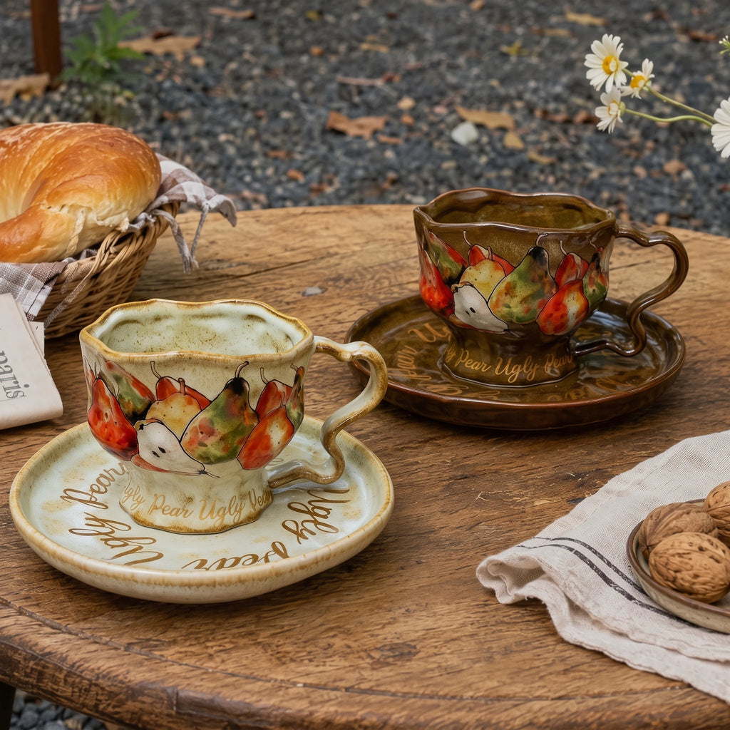 Handcrafted Wild Pear Ceramic Cup & Saucer Set with Twig Handle | 8oz