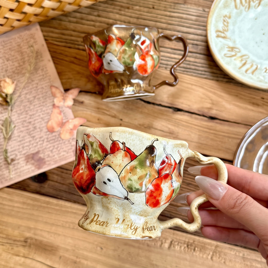 Handcrafted Wild Pear Ceramic Cup & Saucer Set with Twig Handle | 8oz