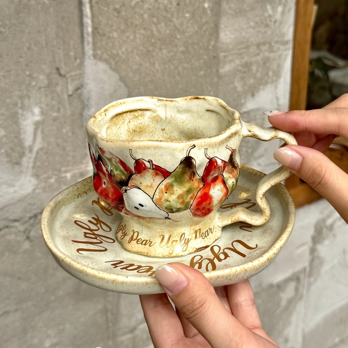 Handcrafted Wild Pear Ceramic Cup & Saucer Set with Twig Handle | 8oz