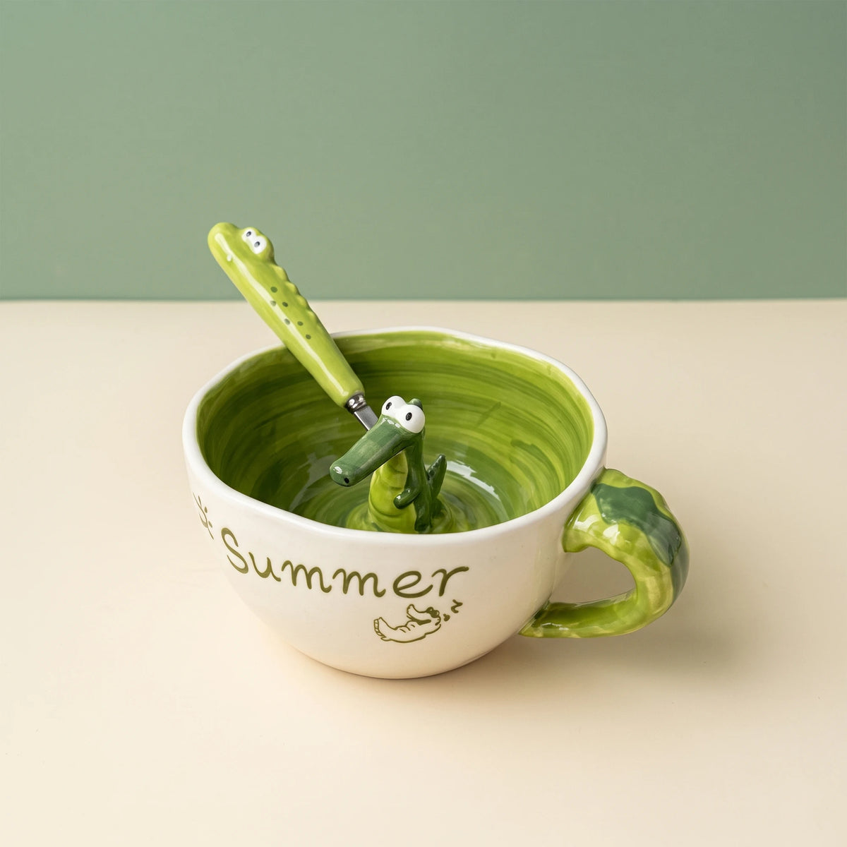 3D Hidden Alligator Ceramic Mug & Matcha Bowl with Tail Handle | 16oz