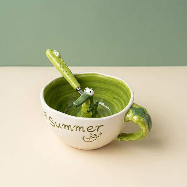 3D Hidden Alligator Ceramic Mug & Matcha Bowl with Tail Handle | 16oz