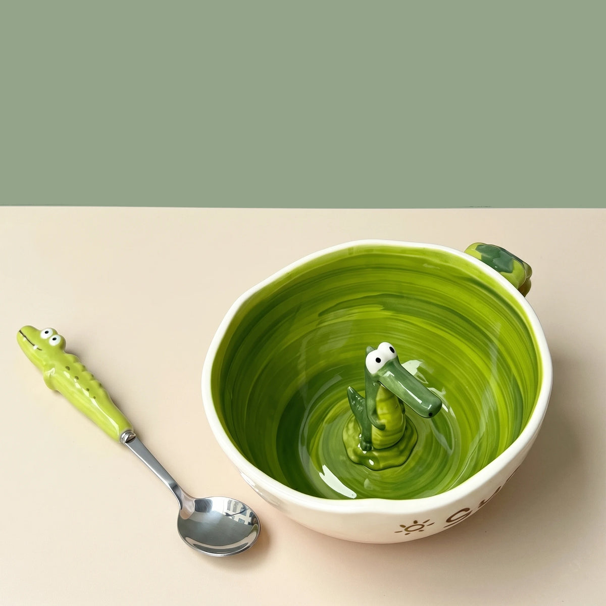 3D Hidden Alligator Ceramic Mug & Matcha Bowl with Tail Handle | 16oz