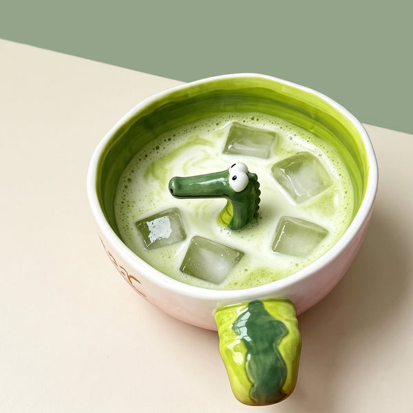 3D Hidden Alligator Ceramic Mug & Matcha Bowl with Tail Handle | 16oz