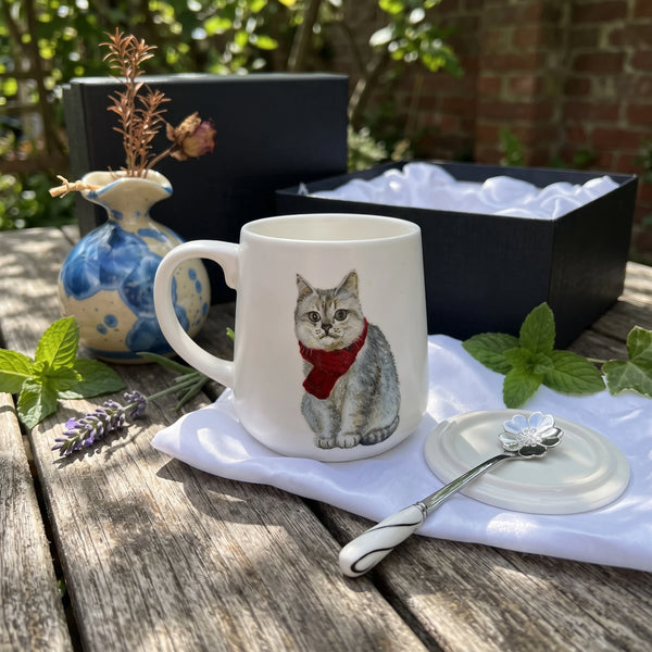 Custom Pet Portrait Ceramic Mug with Lid & Spoon Gift Box Set | 15oz