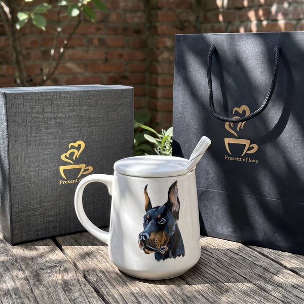 Custom Pet Portrait Ceramic Mug with Lid & Spoon Gift Box Set | 15oz