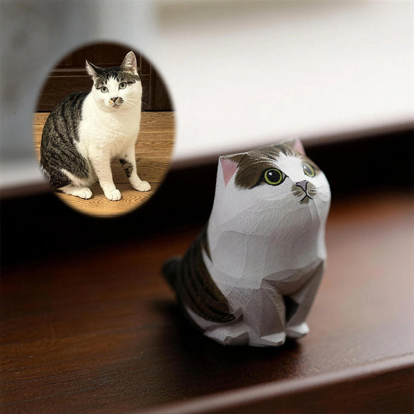 Custom Hand-Carved Wooden Cat Figurine from Photo | Pet Memorial Gift