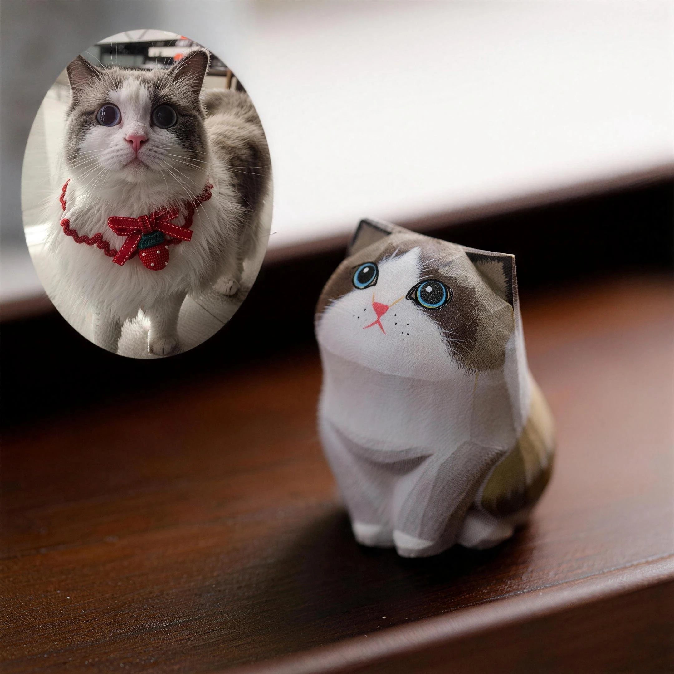 Custom Hand-Carved Wooden Cat Figurine from Photo | Pet Memorial Gift