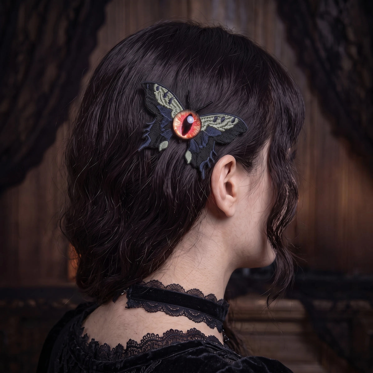 Embroidered Eyeball Moth Hair Clip | 3.2" Gothic Alligator Pin