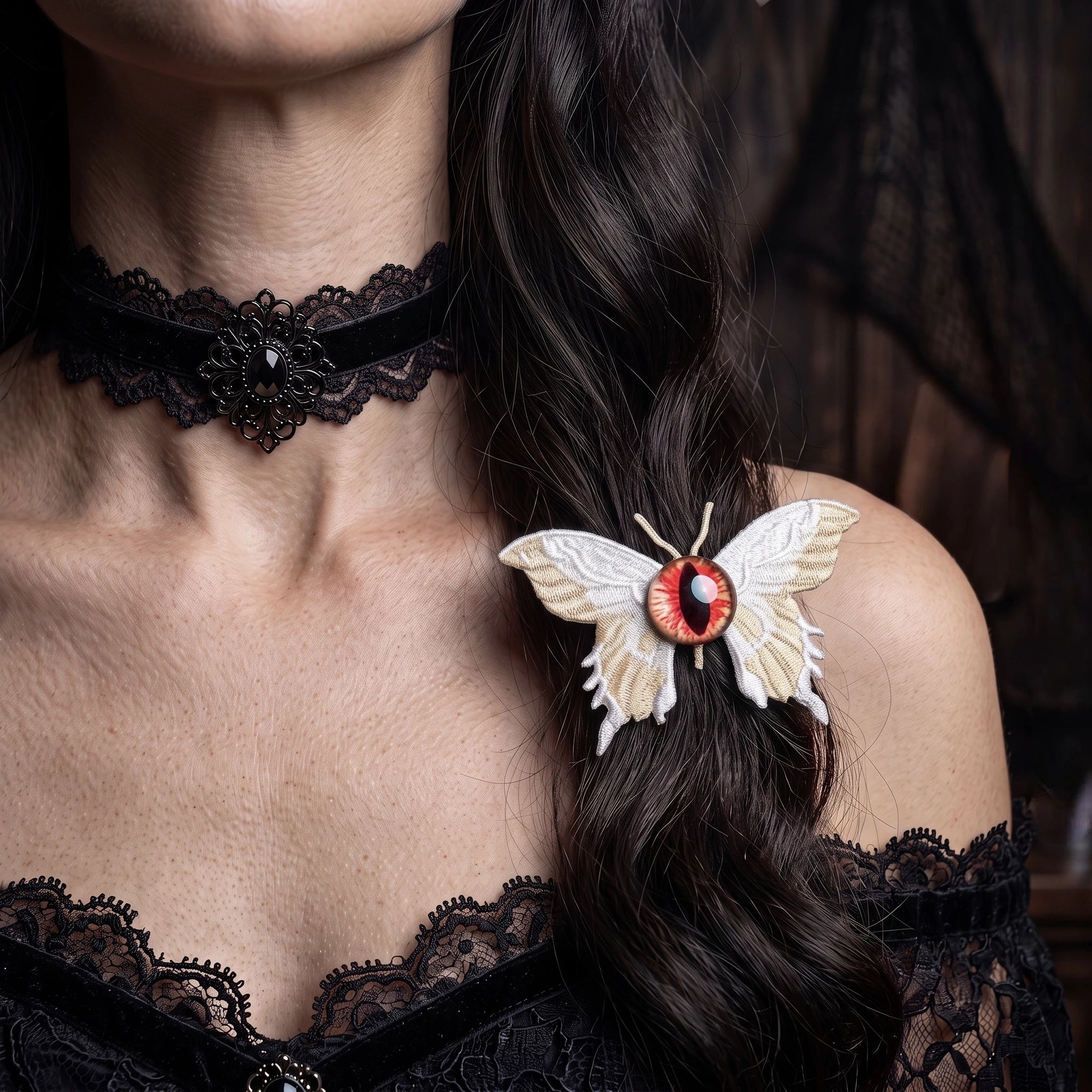 Embroidered Eyeball Moth Hair Clip | 3.2" Gothic Alligator Pin