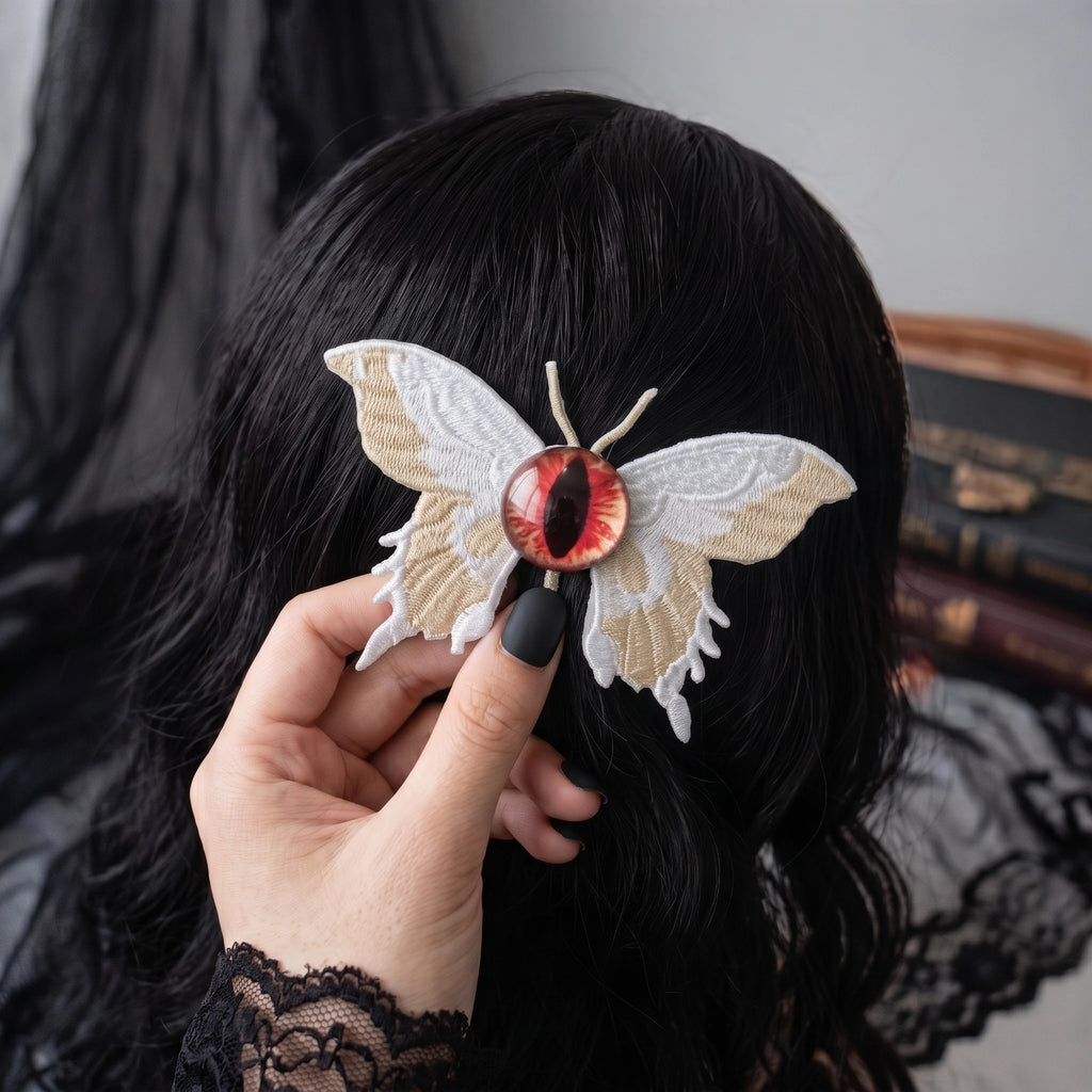 Embroidered Eyeball Moth Hair Clip | 3.2" Gothic Alligator Pin