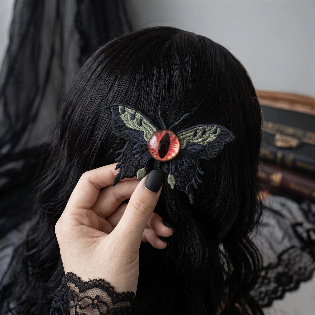Embroidered Eyeball Moth Hair Clip | 3.2" Gothic Alligator Pin