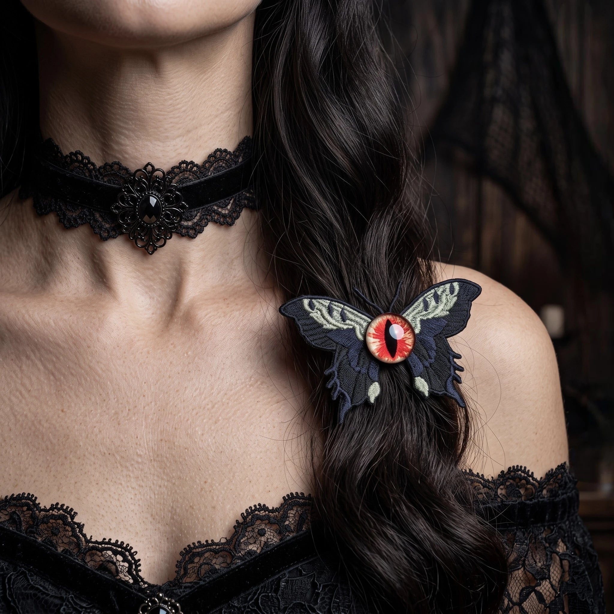 Embroidered Eyeball Moth Hair Clip | 3.2" Gothic Alligator Pin