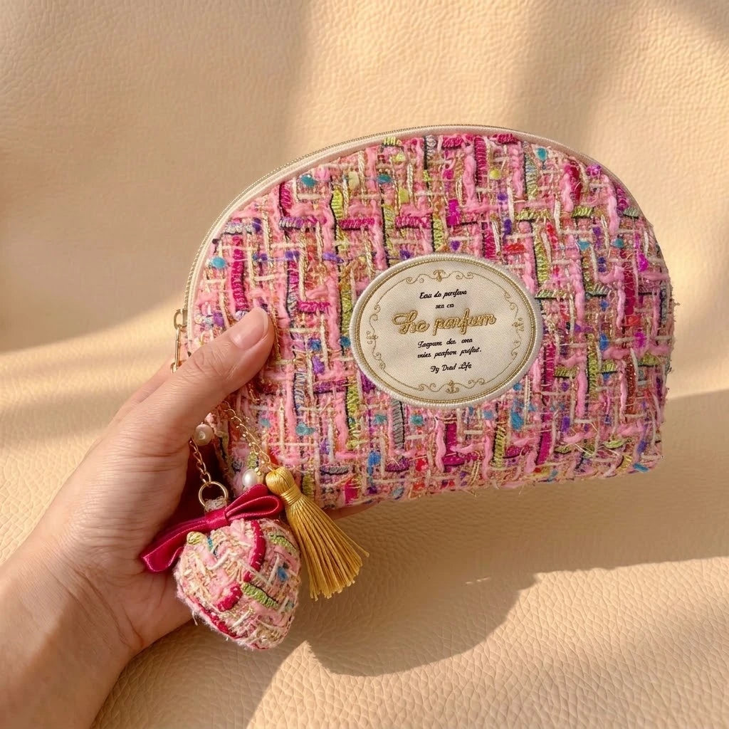 Half-Moon Clamshell Travel Cosmetic Bag | Wide-Open Tweed & Floral Makeup Pouch