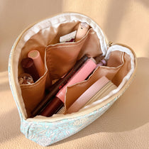Half-Moon Clamshell Travel Cosmetic Bag | Wide-Open Tweed & Floral Makeup Pouch