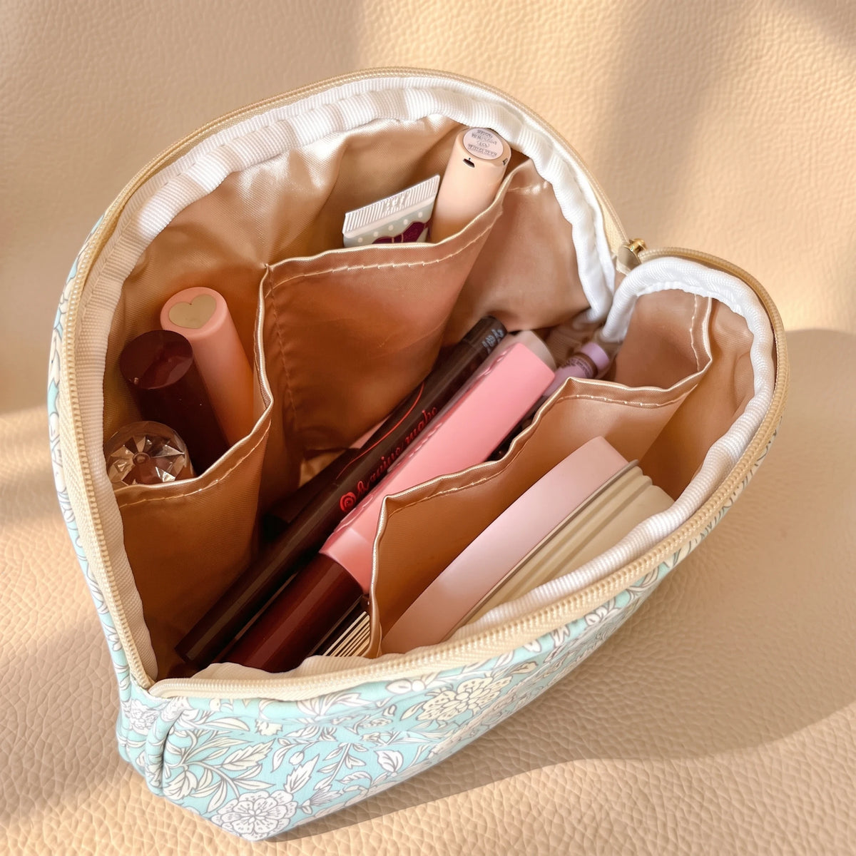 Half-Moon Clamshell Travel Cosmetic Bag | Wide-Open Tweed & Floral Makeup Pouch
