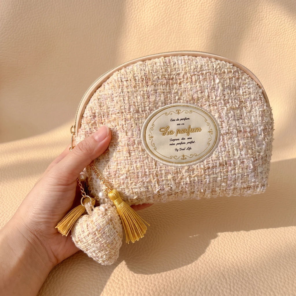 Half-Moon Clamshell Travel Cosmetic Bag | Wide-Open Tweed & Floral Makeup Pouch