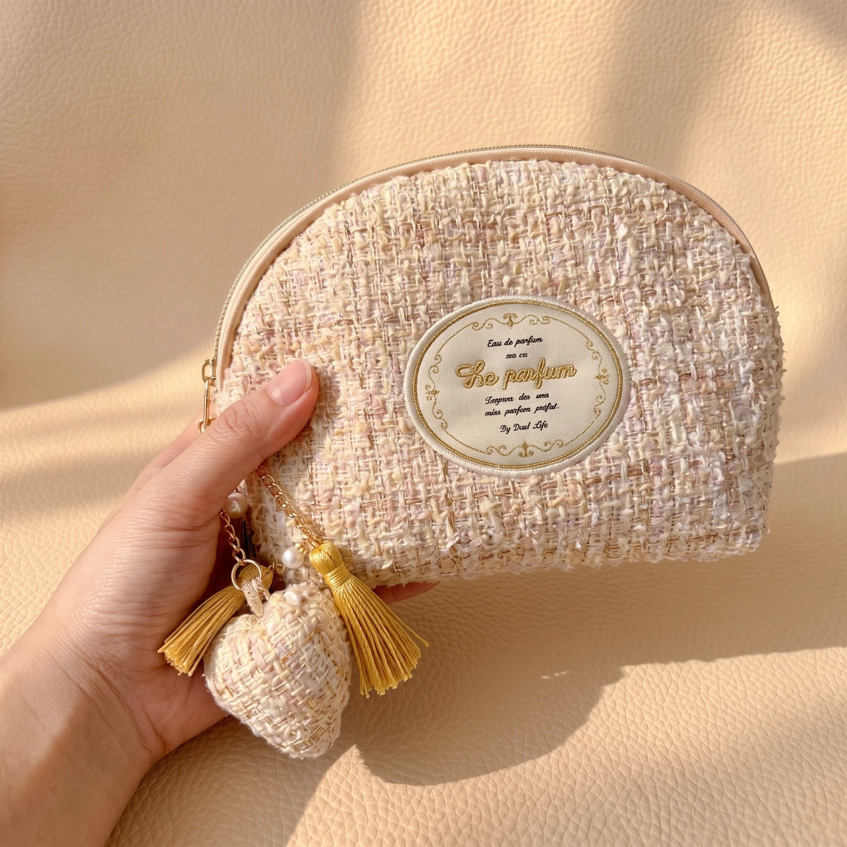 Half-Moon Clamshell Travel Cosmetic Bag | Wide-Open Tweed & Floral Makeup Pouch