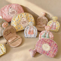 Half-Moon Clamshell Travel Cosmetic Bag | Wide-Open Tweed & Floral Makeup Pouch