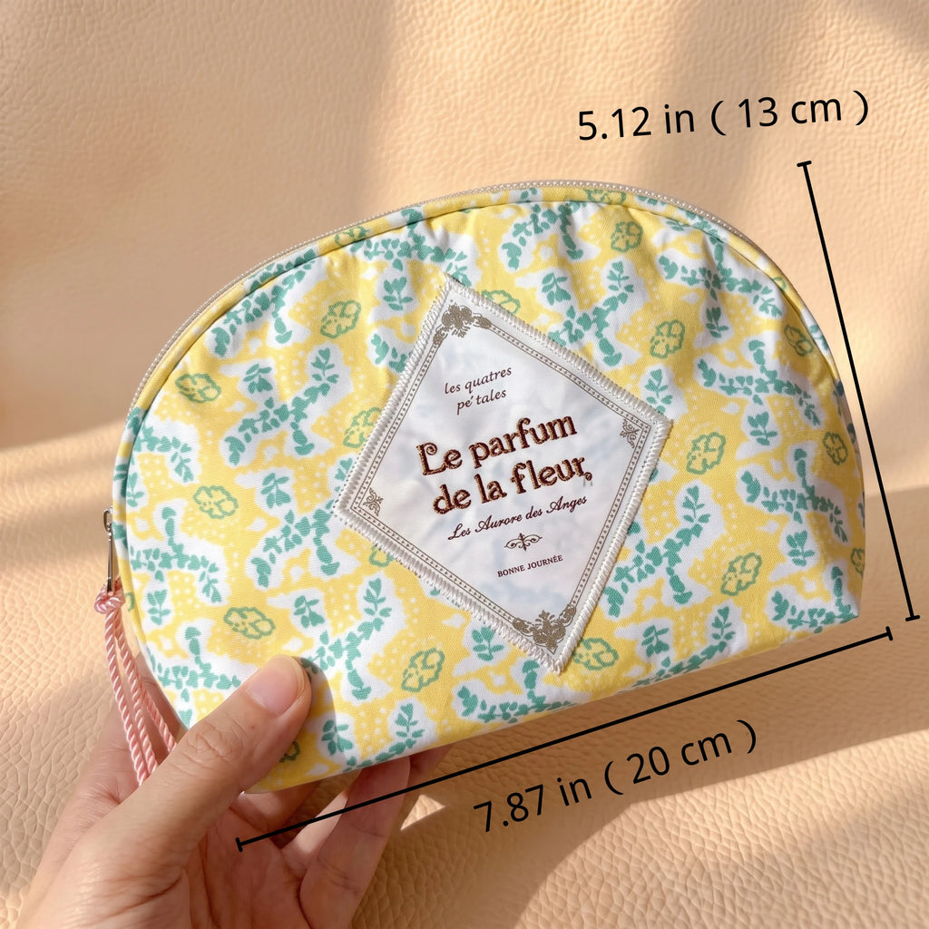 Half-Moon Clamshell Travel Cosmetic Bag | Wide-Open Tweed & Floral Makeup Pouch