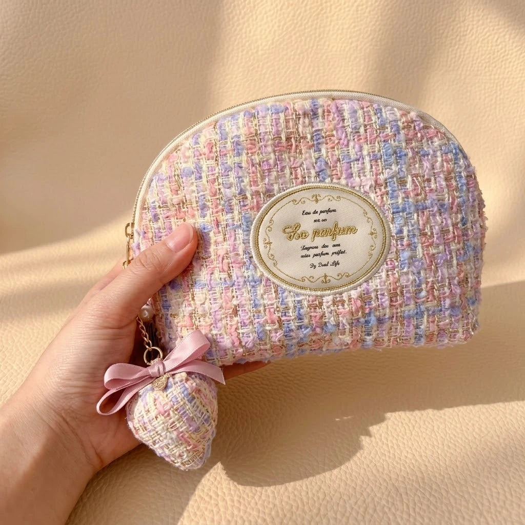 Half-Moon Clamshell Travel Cosmetic Bag | Wide-Open Tweed & Floral Makeup Pouch