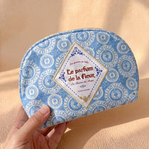Half-Moon Clamshell Travel Cosmetic Bag | Wide-Open Tweed & Floral Makeup Pouch