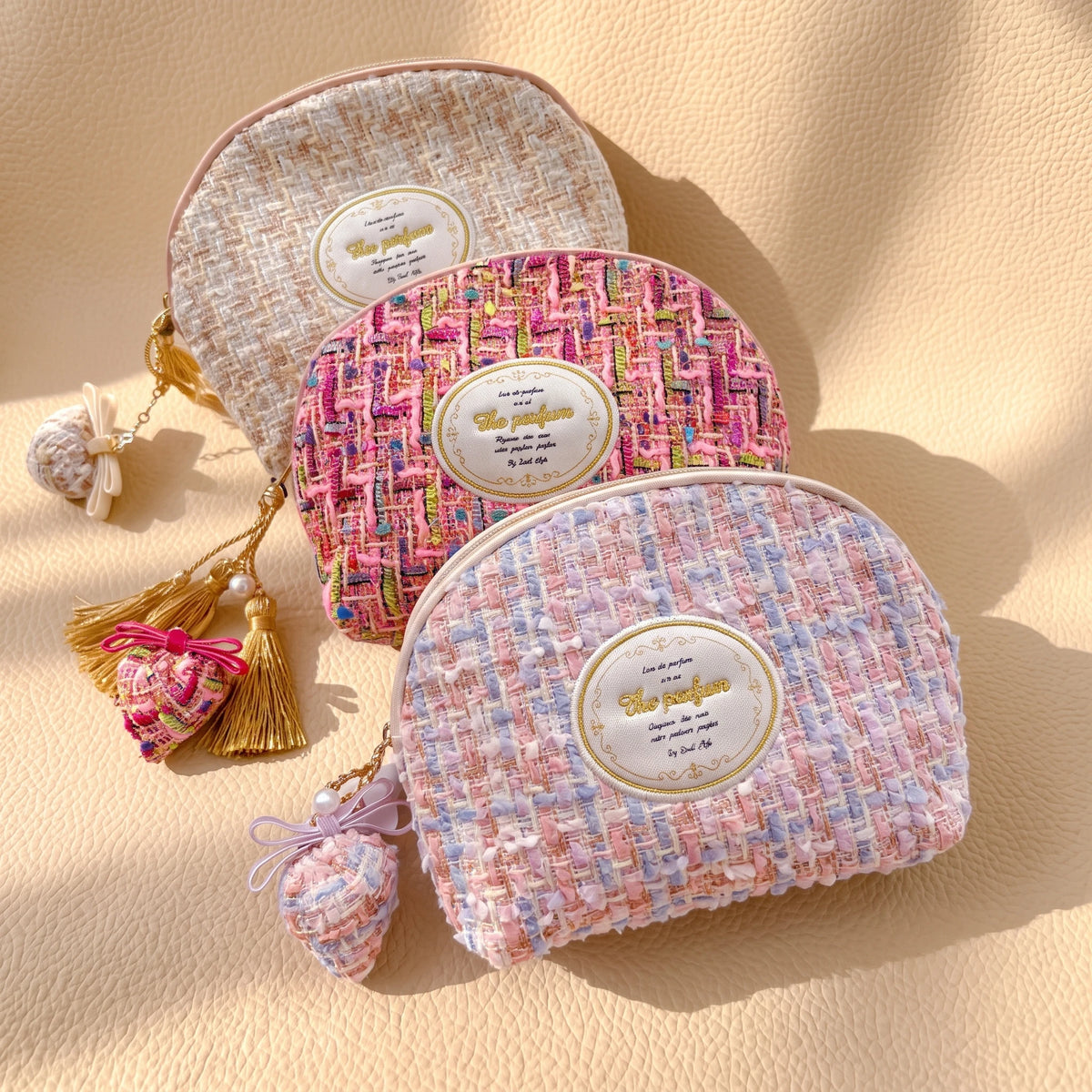 Half-Moon Clamshell Travel Cosmetic Bag | Wide-Open Tweed & Floral Makeup Pouch