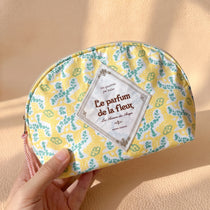 Half-Moon Clamshell Travel Cosmetic Bag | Wide-Open Tweed & Floral Makeup Pouch