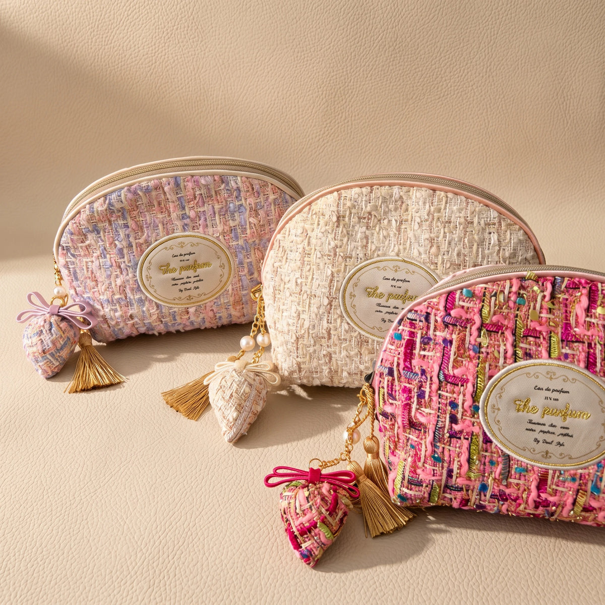 Half-Moon Clamshell Travel Cosmetic Bag | Wide-Open Tweed & Floral Makeup Pouch