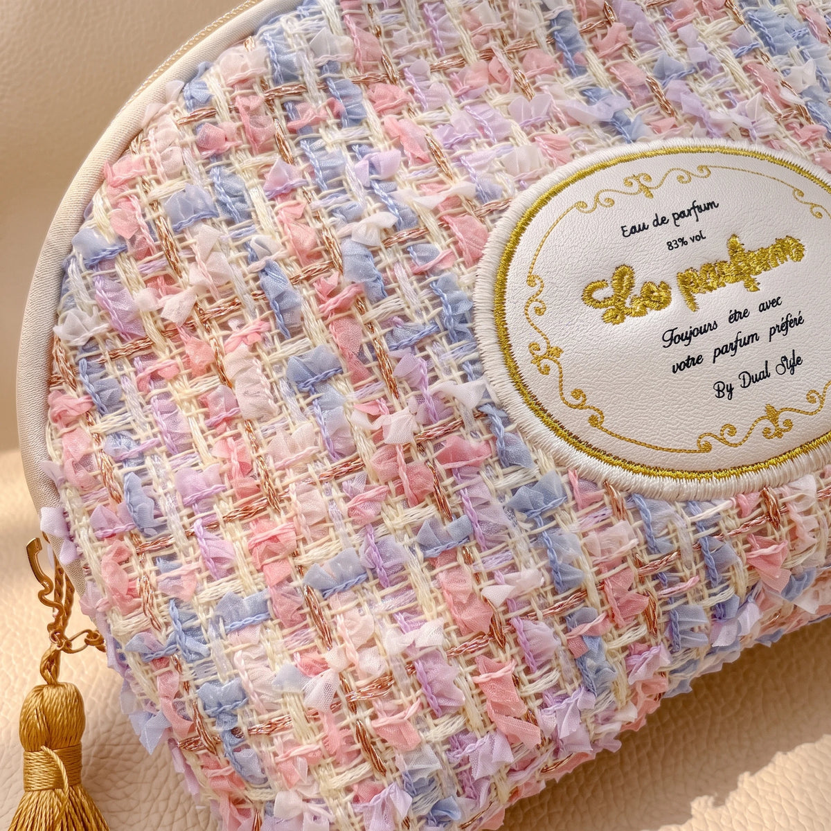 Half-Moon Clamshell Travel Cosmetic Bag | Wide-Open Tweed & Floral Makeup Pouch