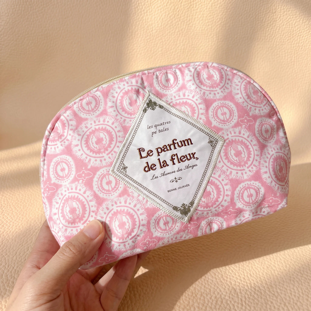 Half-Moon Clamshell Travel Cosmetic Bag | Wide-Open Tweed & Floral Makeup Pouch