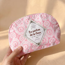 Half-Moon Clamshell Travel Cosmetic Bag | Wide-Open Tweed & Floral Makeup Pouch