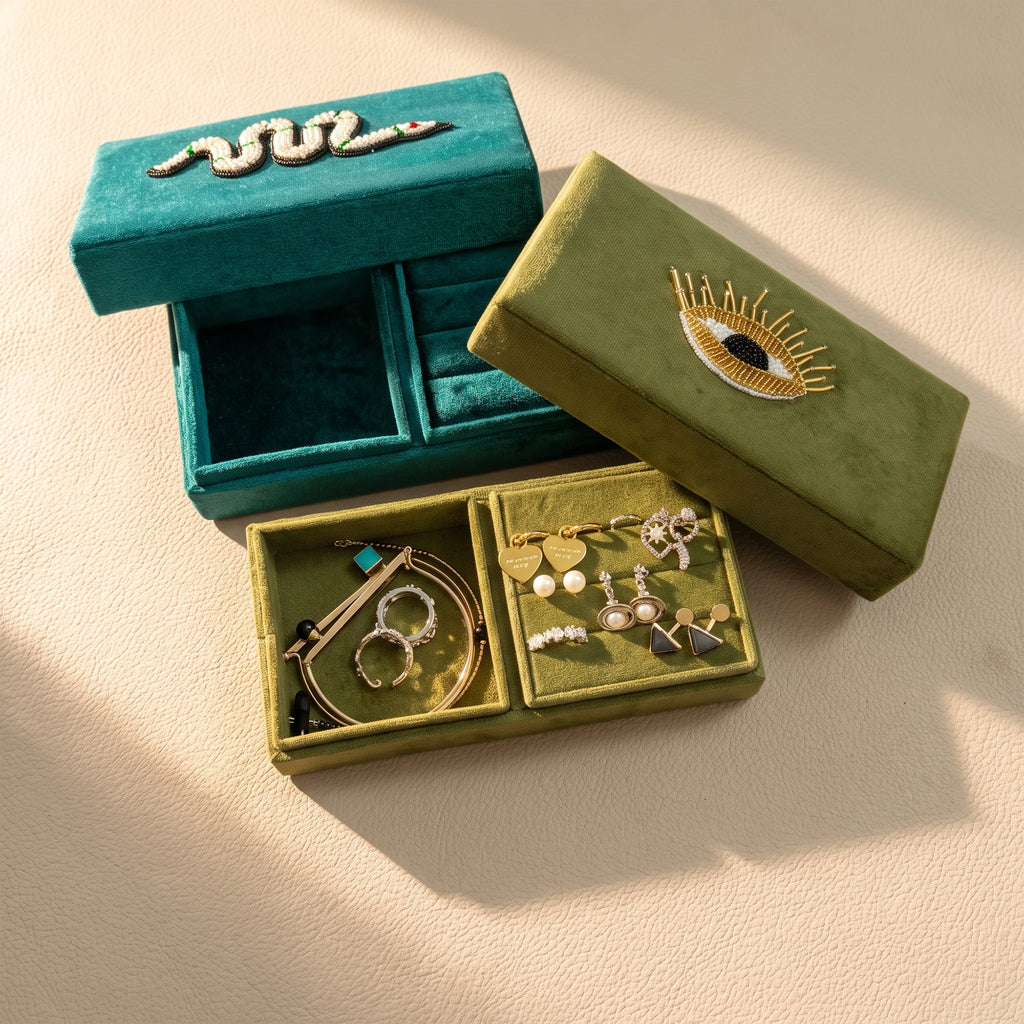 Hand Beaded Velvet Jewelry Box | Embroidered Celestial & Cottagecore Case