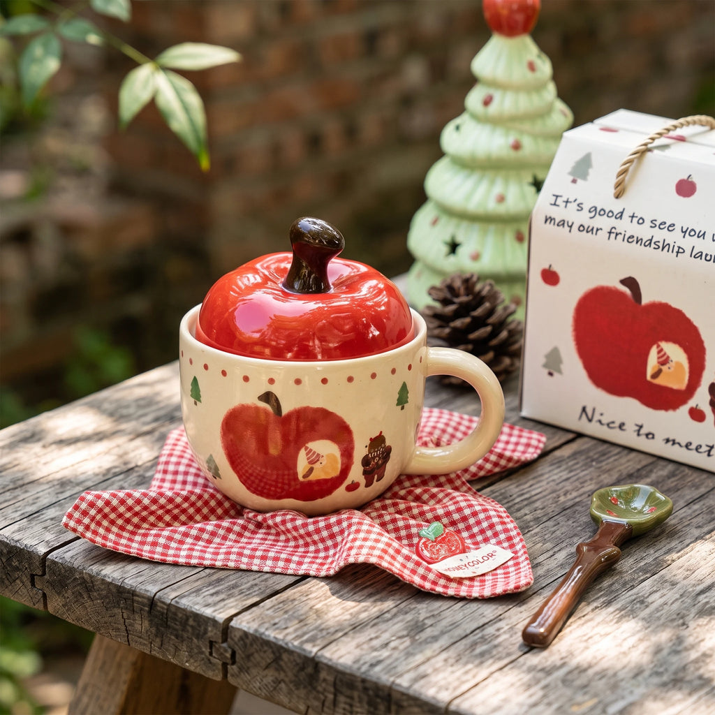 Apple Shaped Ceramic Coffee Mug with Lid & Spoon Gift Set