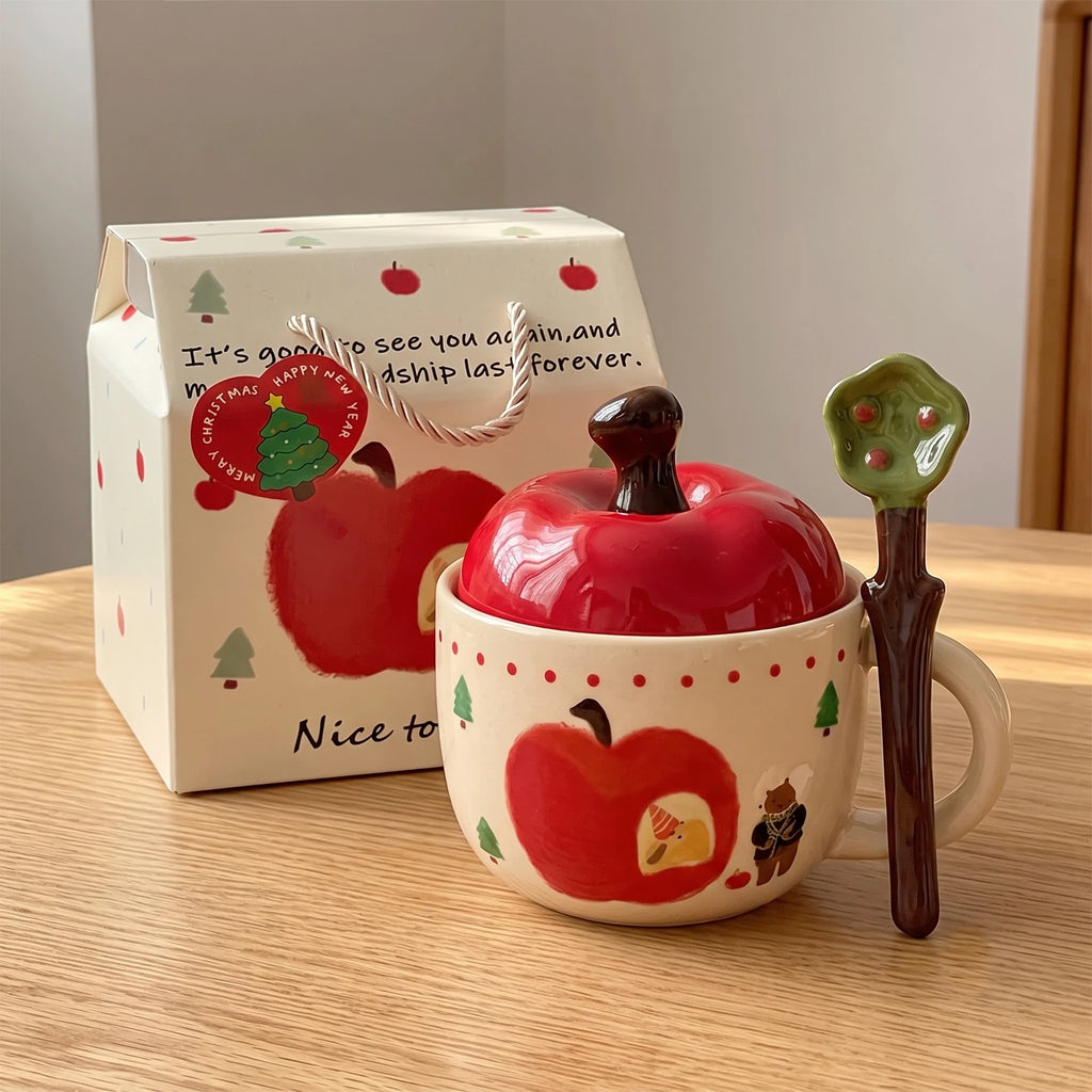 Apple Shaped Ceramic Coffee Mug with Lid & Spoon Gift Set