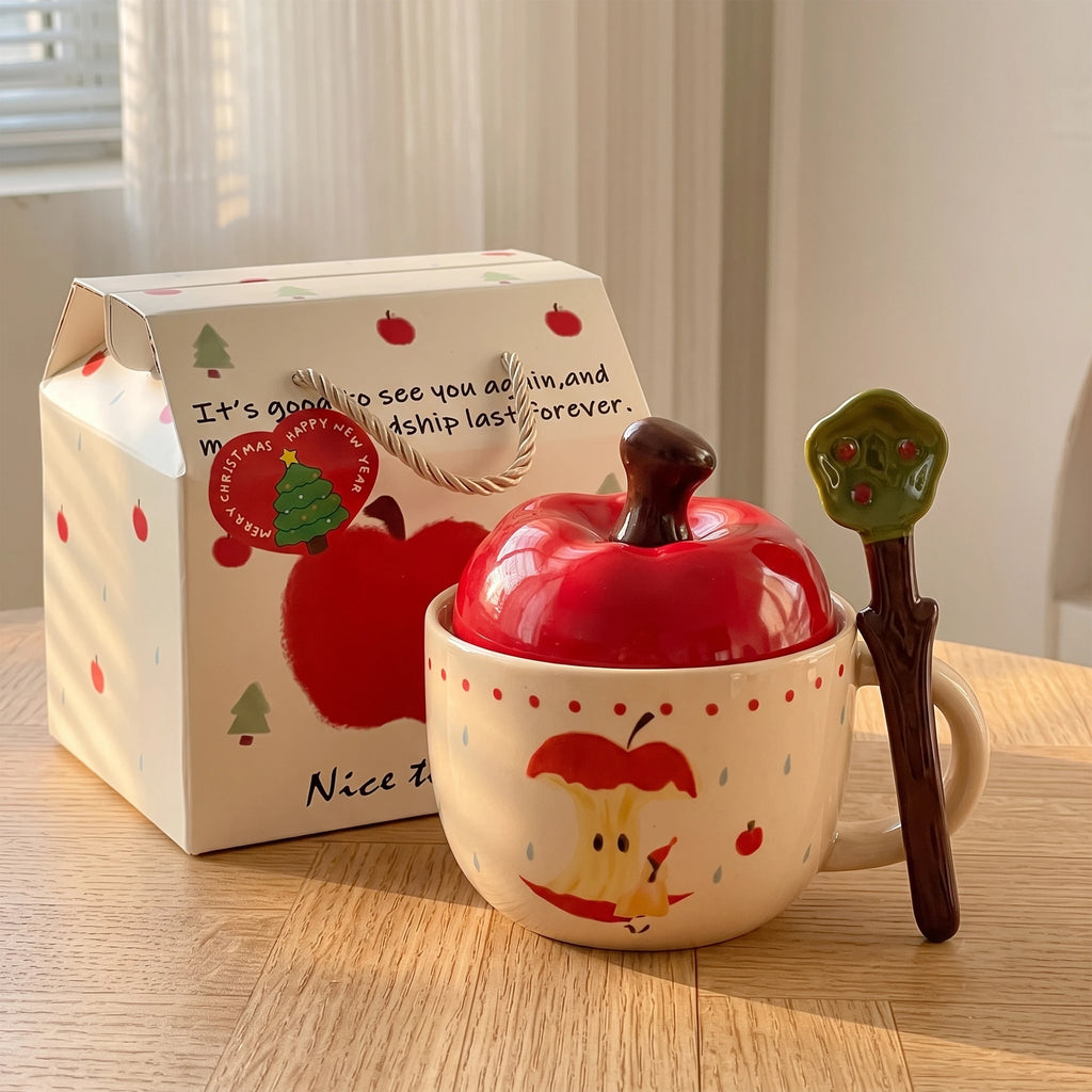 Apple Shaped Ceramic Coffee Mug with Lid & Spoon Gift Set