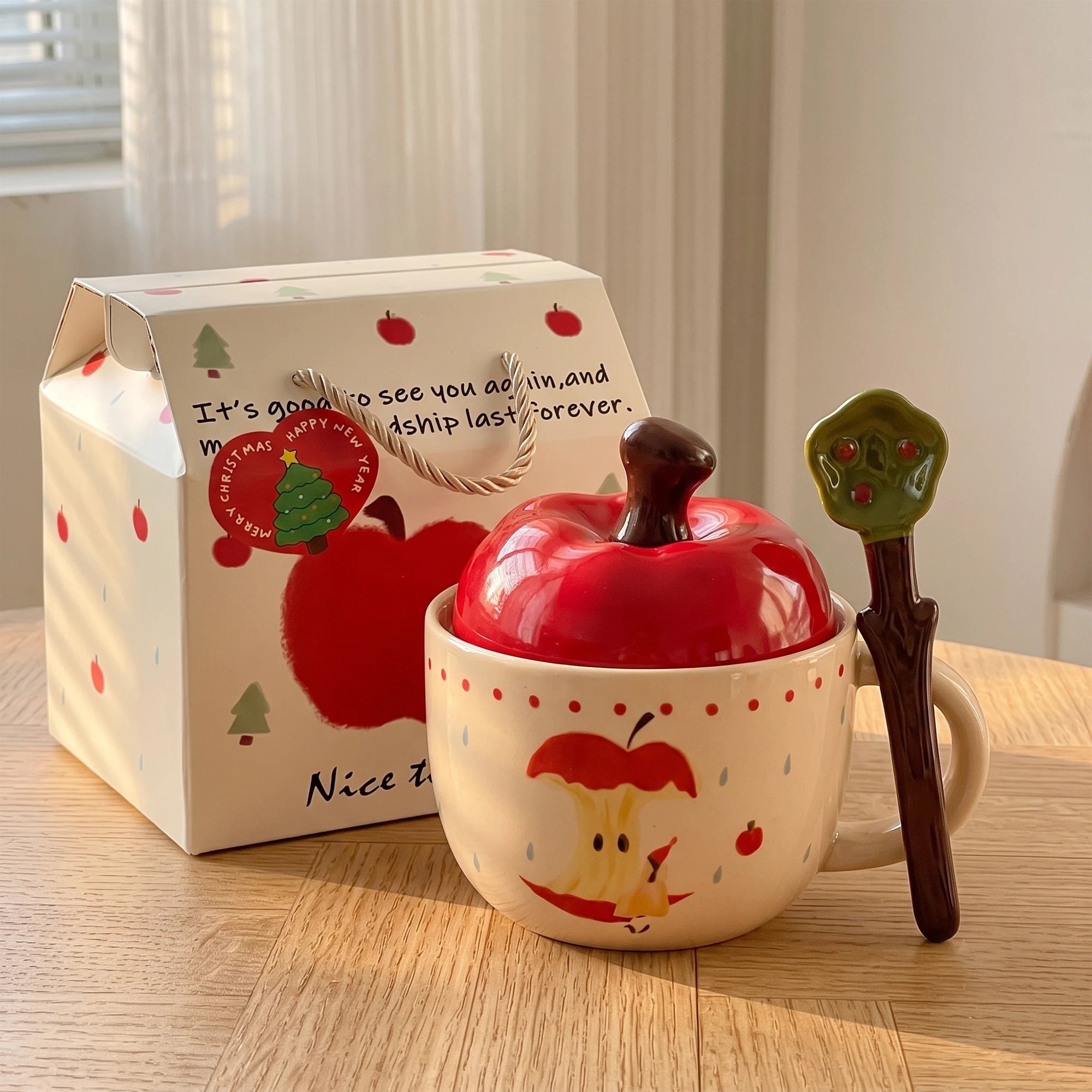 Apple Shaped Ceramic Coffee Mug with Lid & Spoon Gift Set