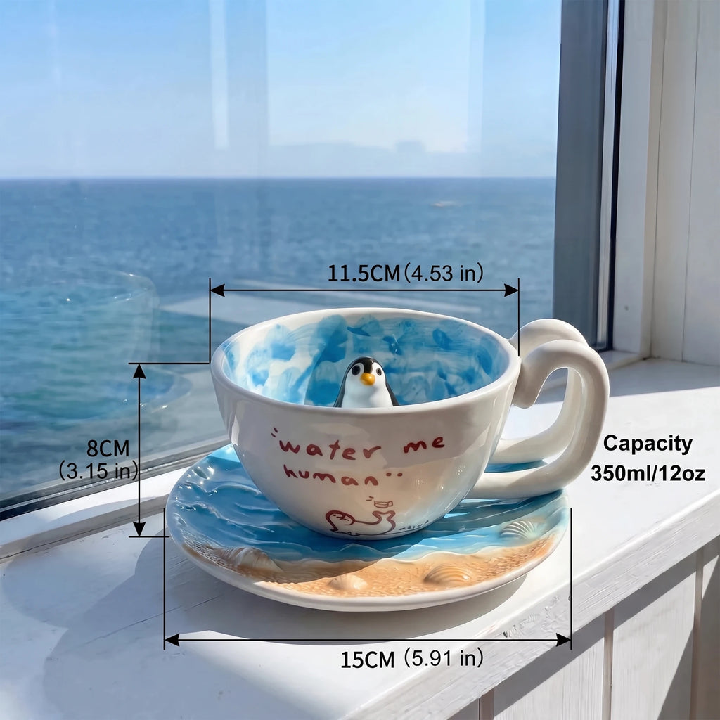 Handcrafted 3D Penguin Ceramic Coffee Cup & Saucer Set (12 oz)