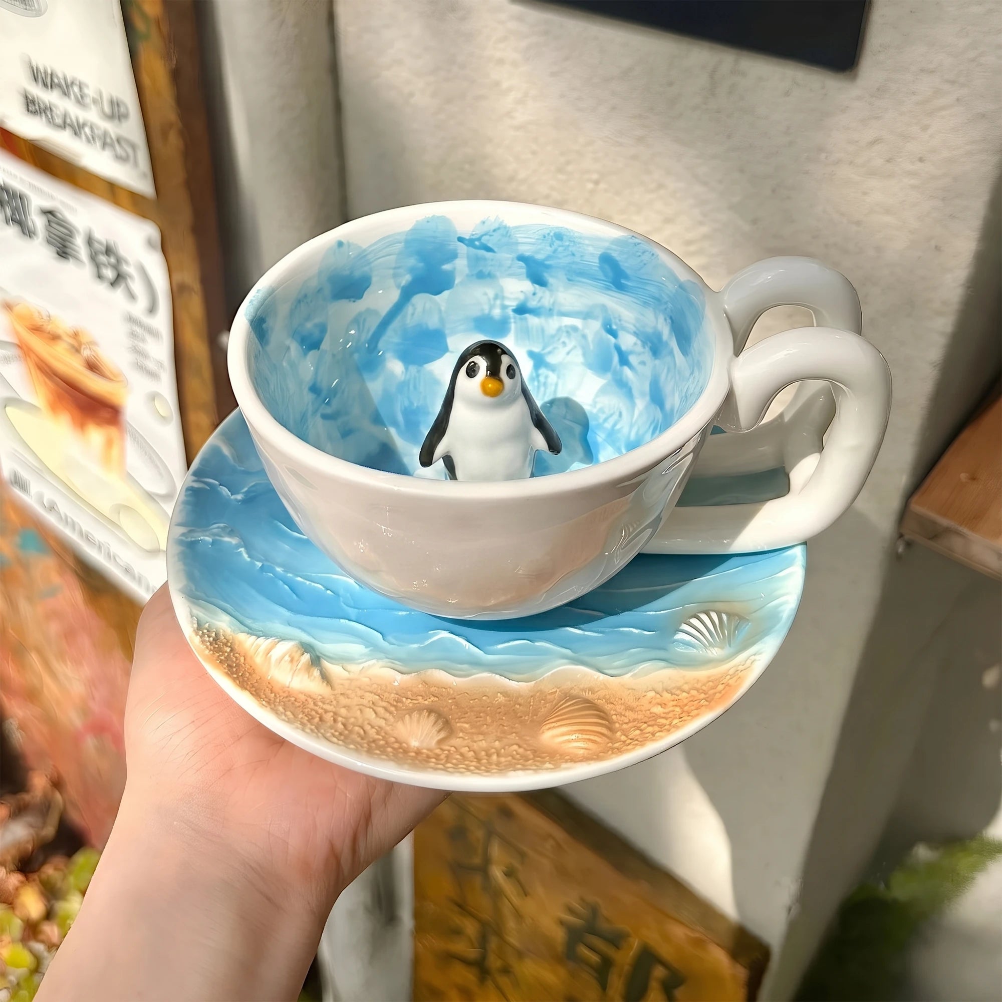 Handcrafted 3D Penguin Ceramic Coffee Cup & Saucer Set (12 oz)
