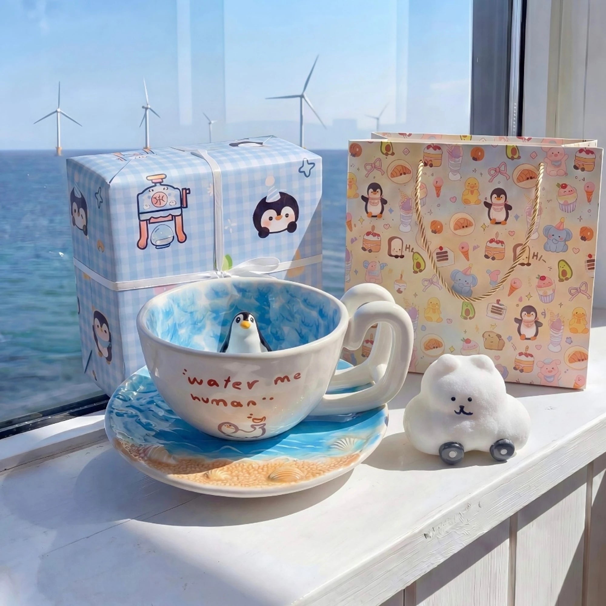 Handcrafted 3D Penguin Ceramic Coffee Cup & Saucer Set (12 oz)
