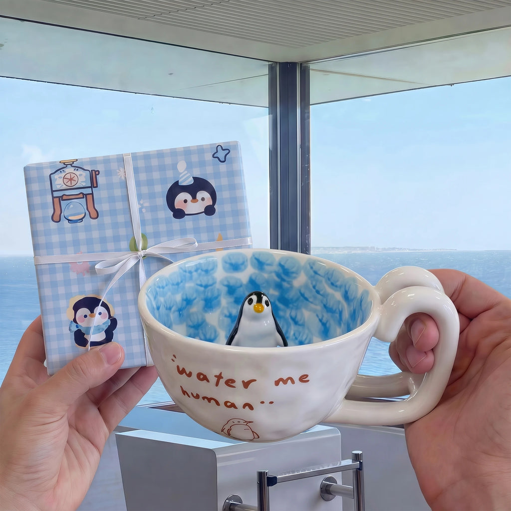Handcrafted 3D Penguin Ceramic Coffee Cup & Saucer Set (12 oz)