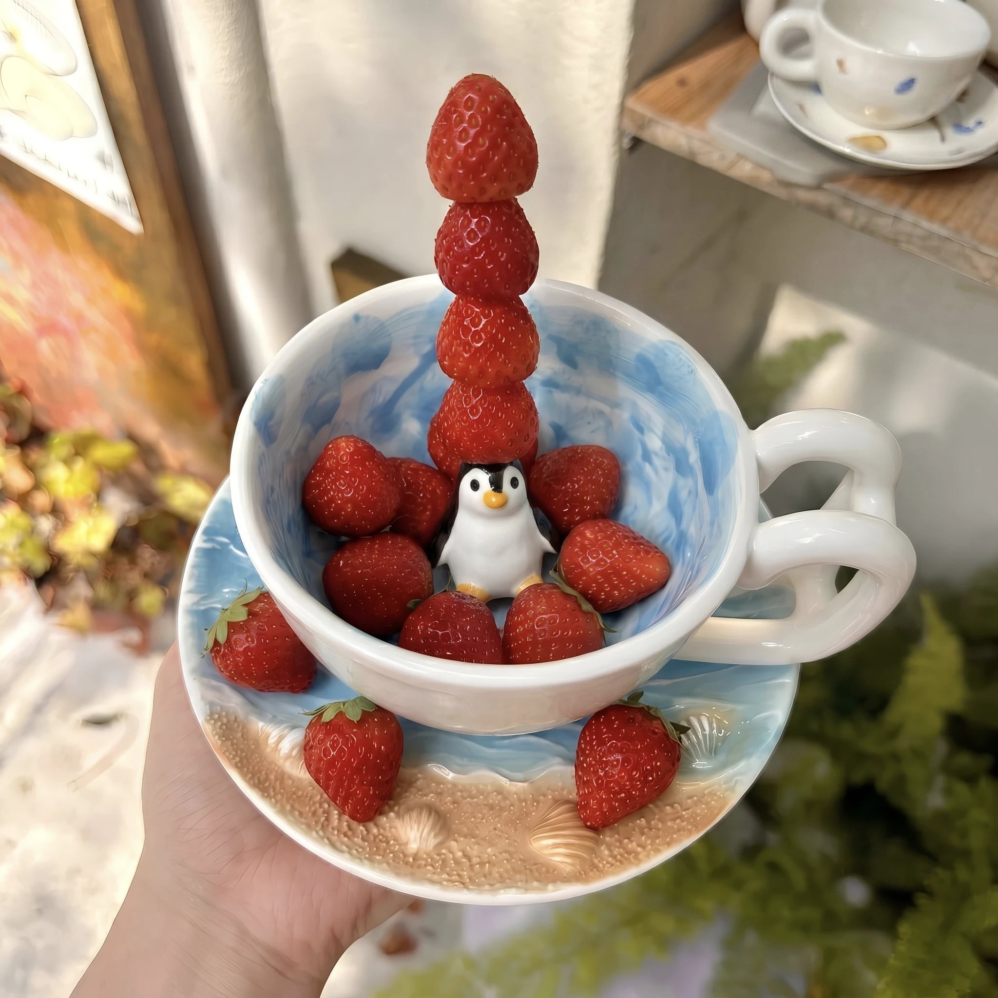 Handcrafted 3D Penguin Ceramic Coffee Cup & Saucer Set (12 oz)