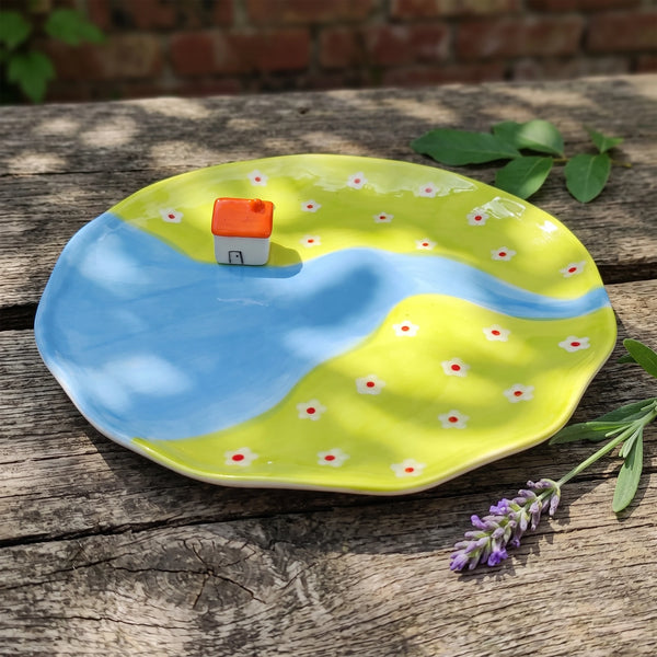 Cottagecore Ceramic House Dessert Plate with 3D Red Roof | 8.7"