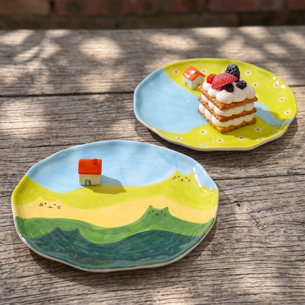 Cottagecore Ceramic House Dessert Plate with 3D Red Roof | 8.7"