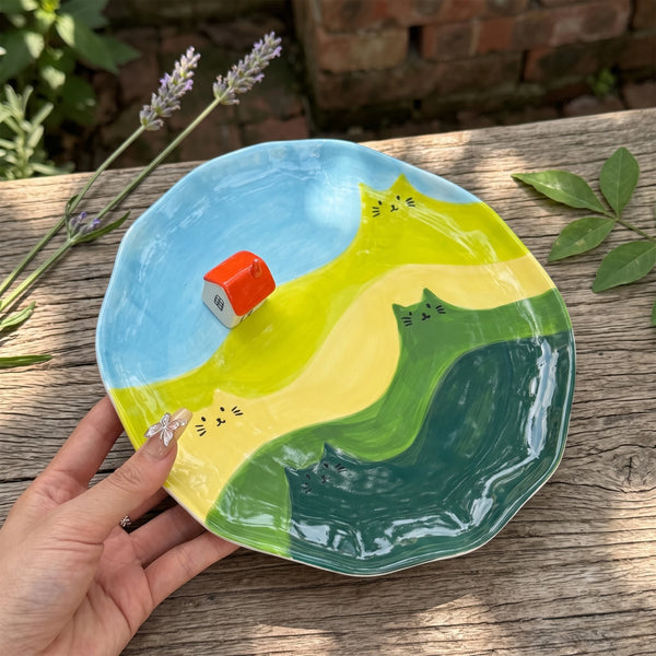 Cottagecore Ceramic House Dessert Plate with 3D Red Roof | 8.7"