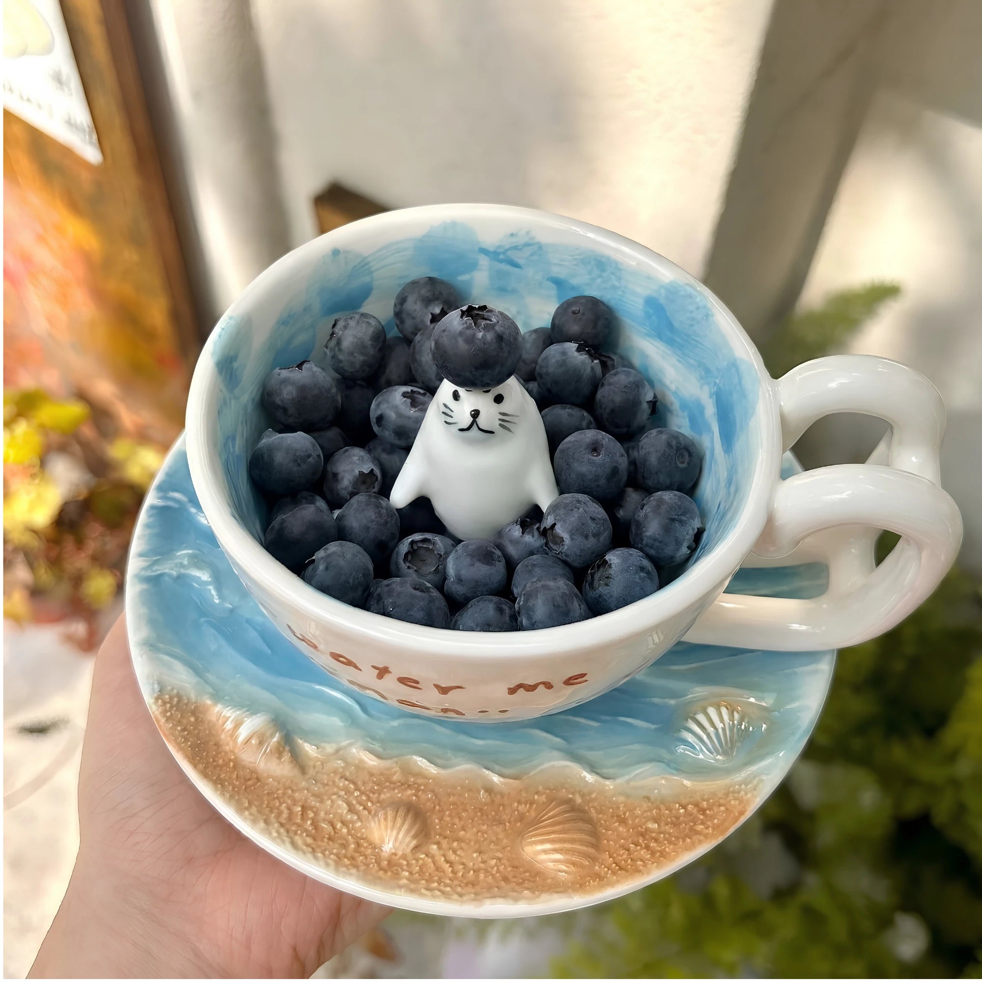 Handcrafted 3D Seal Ceramic Coffee Cup & Saucer Set (12 oz)