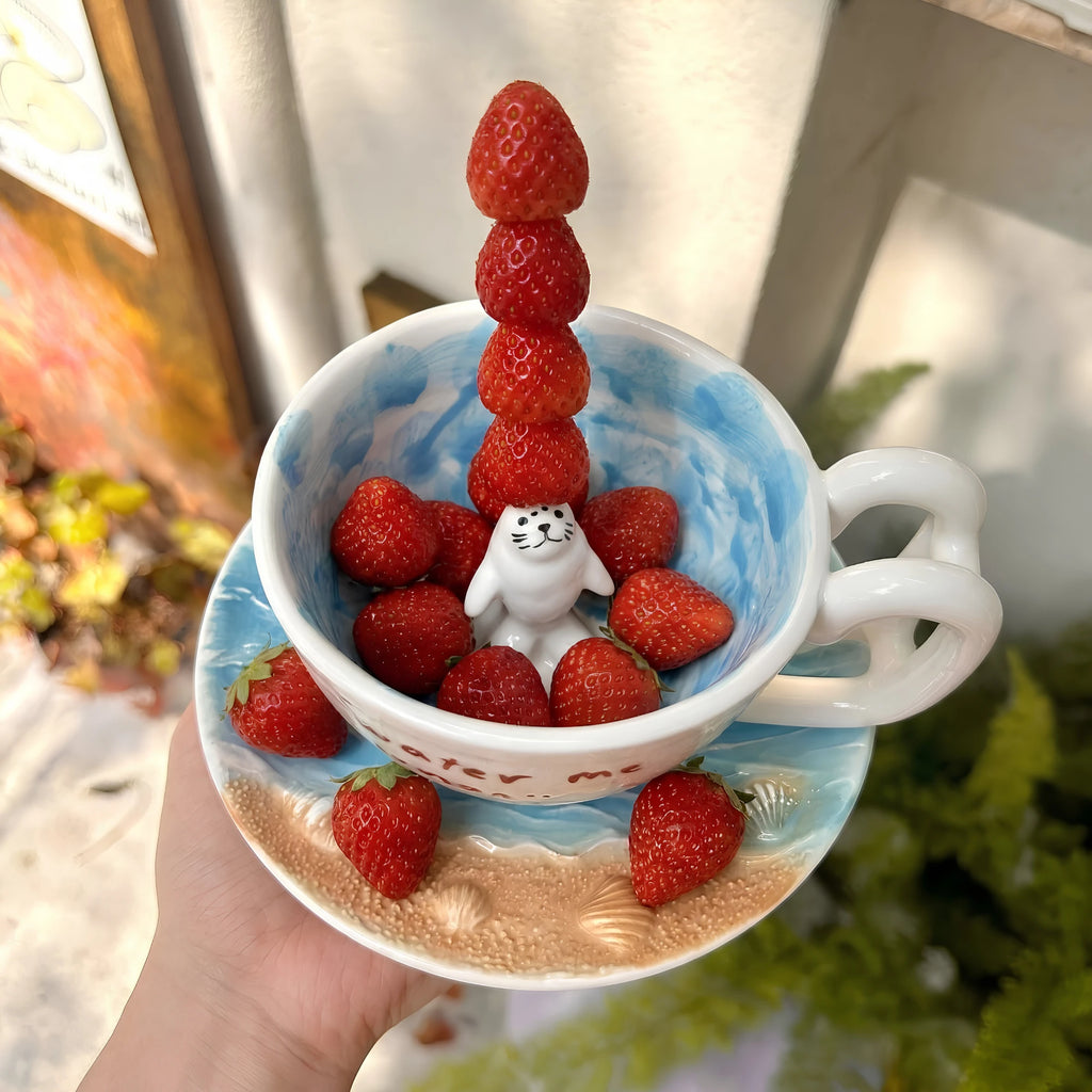 Handcrafted 3D Seal Ceramic Coffee Cup & Saucer Set (12 oz)