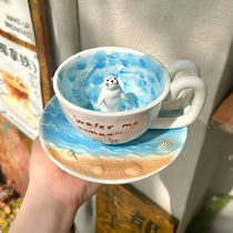 Handcrafted 3D Seal Ceramic Coffee Cup & Saucer Set (12 oz)