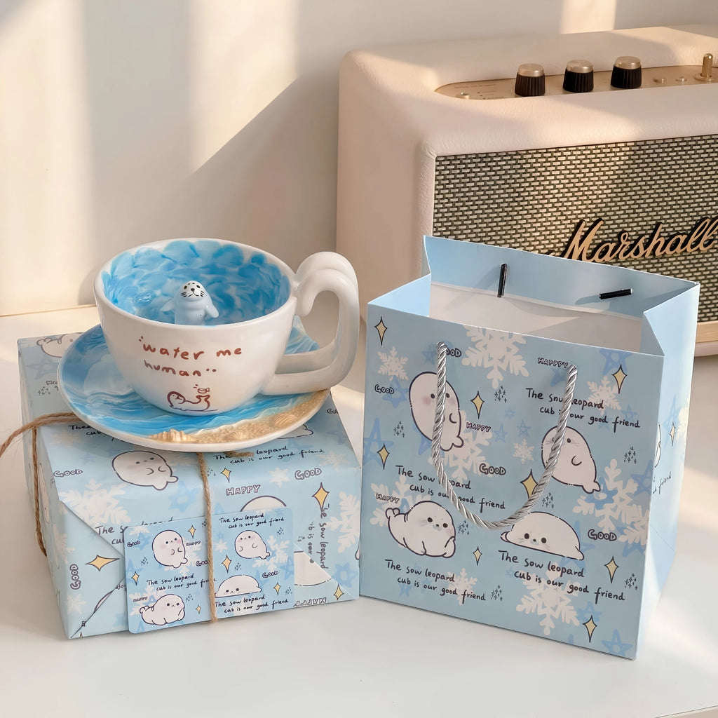 Handcrafted 3D Seal Ceramic Coffee Cup & Saucer Set (12 oz)