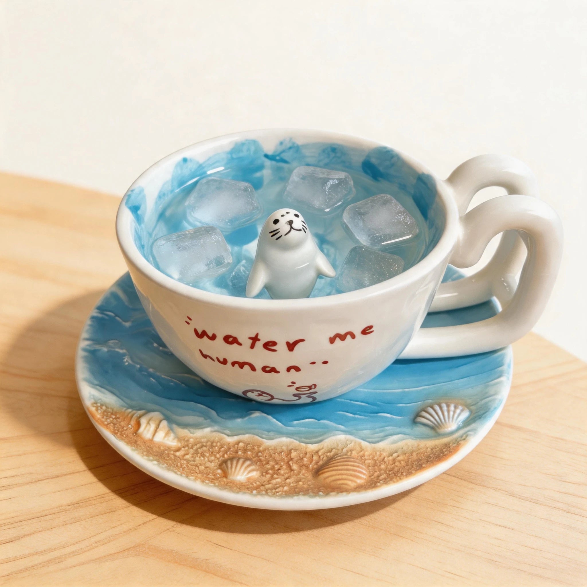 Handcrafted 3D Seal Ceramic Coffee Cup & Saucer Set (12 oz)